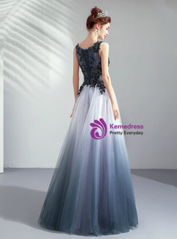 Fairy Tale In Stock:Ship in 48 Hours Blue Tulle Bateau Appliques Beading Sleeveless Prom Dress