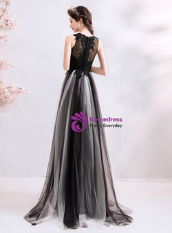Fashionable In Stock:Ship in 48 Hours Black V-neck Tulle Lace Long Prom Dress