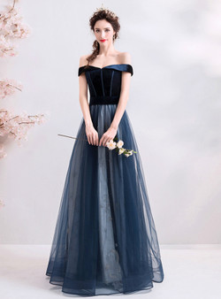 Hot Sale In Stock:Ship in 48 Hours Simple Navy Blue Velvet Tulle Off the Shoulder Prom Dress