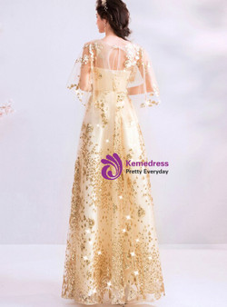 Exciting  In Stock:Ship in 48 Hours Gold Tulle Sequins Open Back Prom Dress