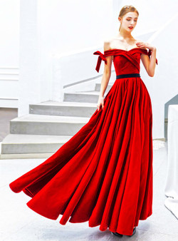 Modest In Stock:Ship in 48 Hours Red Velvet Off the Shoulder Prom Dress With Black Sash