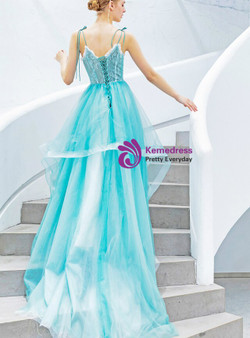 Best In Stock:Ship in 48 Hours Sky Blue Tulle Lace Spaghetti Straps Prom Dress With Botton