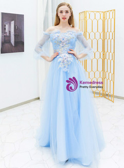 Impressive In Stock:Ship in 48 Hours Blue Tulle Off the Shoulder Appliques Long Sleeve Prom Dress
