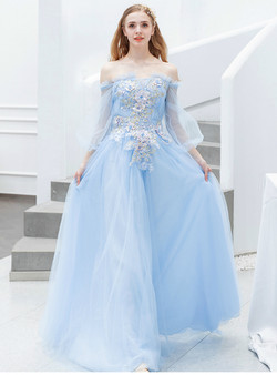 Impressive In Stock:Ship in 48 Hours Blue Tulle Off the Shoulder Appliques Long Sleeve Prom Dress