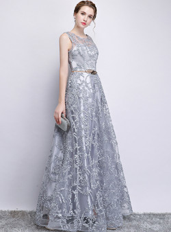Casual In Stock:Ship in 48 Hours A-Line Gray Lace Scoop Neck Prom Dress With Pocket 