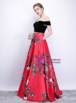 Fairy Tale In Stock:Ship in 48 Hours Red Black Satin Print Off the Shoulder Prom Dress With Pocket
