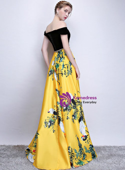 Fancy In Stock:Ship in 48 Hours Yellow Black Satin Print Off the Shoulder Prom Dress With Pocket