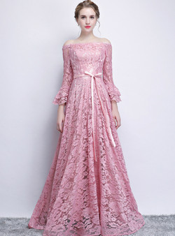 Fashionable In Stock:Ship in 48 Hours Pink Lace Long Sleeve Off The Shoulder Prom Dress With Sash