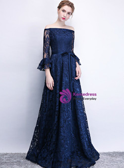 Attractive In Stock:Ship in 48 Hours Simple Navy Blue Lace Long Sleeve Off The Shoulder Prom Dress