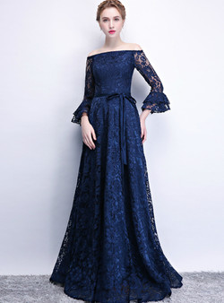 Attractive In Stock:Ship in 48 Hours Simple Navy Blue Lace Long Sleeve Off The Shoulder Prom Dress