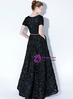 Impressive In Stock:Ship in 48 Hours Black V-neck Cap Sleeve Prom Dress With Sash