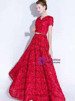 Noble In Stock:Ship in 48 Hours Burgundy Lace V-neck Cap Sleeve Prom Dress With Pocket
