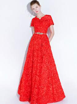 High quality In Stock:Ship in 48 Hours Red V-neck Cap Sleeve Lace Prom Dress With Pocket