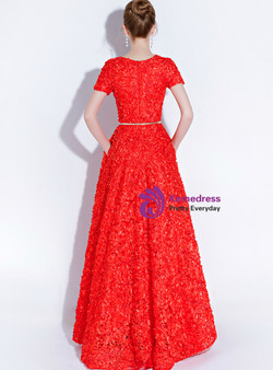 High quality In Stock:Ship in 48 Hours Red V-neck Cap Sleeve Lace Prom Dress With Pocket