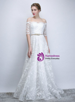 Best In Stock:Ship in 48 Hours White Tulle Off the Shoulder Long Prom Dress With Pocket