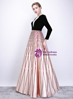 New arrivals In Stock:Ship in 48 Hours Black Velvet Champagne Satin V-neck Long Sleeve Prom Dress