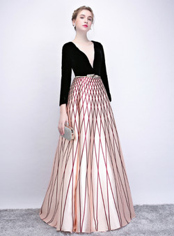 New arrivals In Stock:Ship in 48 Hours Black Velvet Champagne Satin V-neck Long Sleeve Prom Dress