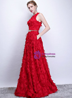 Eye-catching In Stock:Ship in 48 Hours Red Scoop Neck Sleeveless Prom Dress With Pocket