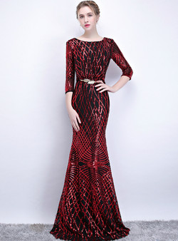 Fantastic In Stock:Ship in 48 Hours Black Red Sequins Mermaid 3/4 Sleeve Prom Dress With Belt