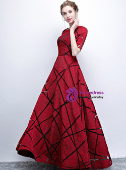 Dazzling In Stock:Ship in 48 Hours A-Line Burgundy Lace Short Sleeve Long Prom Dress