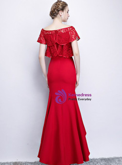 In Stock:Ship in 48 Hours Red Lace Mermaid Hi Lo Off the Shoulder Prom Dress