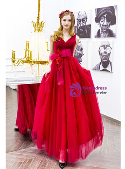 Exciting  In Stock:Ship in 48 Hours Red Tulle V-neck Pleats Lace Appliques Prom Dress