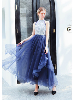 Flattering In Stock:Ship in 48 Hours Blue Tulle Sequins Sleeveless Ankle Length Prom Dress
