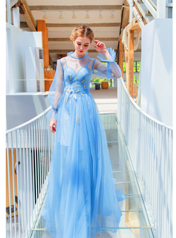 Glittering In Stock:Ship in 48 Hours Blue Tulle Long Puff Sleeve Appliques Prom Dress