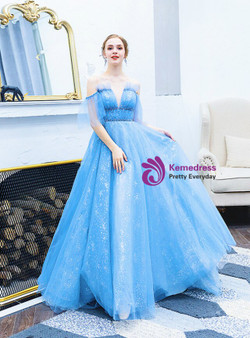 Polished In Stock:Ship in 48 Hours Fashion Blue Tulle Sequins Long Prom Dress