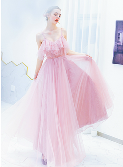 New arrivals In Stock:Ship in 48 Hours Sexy Pink Tulle Spaghetti Straps Beading Prom Dress