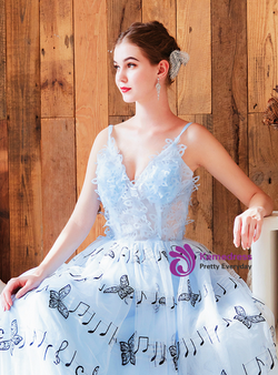 Exquisite In Stock:Ship in 48 Hours Light Blue Tulle V-neck Appliques Embridery Prom Dress
