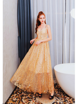 Winsome In Stock:Ship in 48 Hours Gold Sequins Tulle Spaghetti Straps Long Prom Dress
