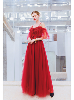Modest In Stock:Ship in 48 Hours Burgundy Tulle Spaghetti Straps Appliques Beading Prom Dress