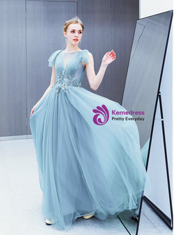 In Stock:Ship in 48 Hours Blue Tulle Appliques Beading Pleats Backless Prom Dress