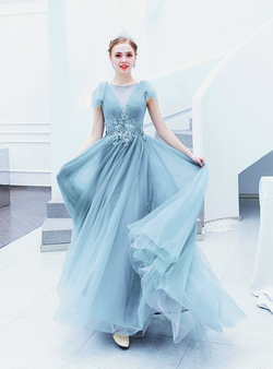 In Stock:Ship in 48 Hours Blue Tulle Appliques Beading Pleats Backless Prom Dress