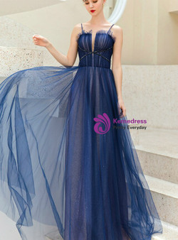 Eye-catching In Stock:Ship in 48 Hours Dark Blue Tulle Spaghetti Straps Pleats Prom Dress With Beading
