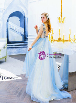 In Stock:Ship in 48 Hours Blue V-neck Tulle Appliqus Sleeveless Prom Dress