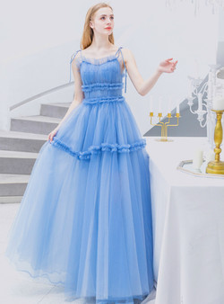 Dazzling In Stock:Ship in 48 Hours Blue Tulle Spaghetti Straps Pleats Prom Dresses