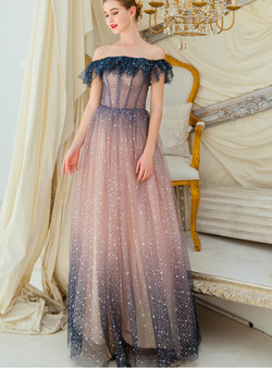 In Stock:Ship in 48 Hours Pink Tulle Sequins Off the Shoulder Long Prom Dress