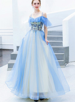 In Stock:Ship in 48 Hours Blue Tulle Spaghetti Straps Appliques Beading Prom Dress