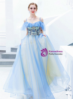 In Stock:Ship in 48 Hours Blue Tulle Spaghetti Straps Appliques Beading Prom Dress