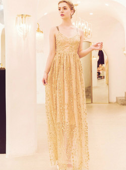 Shinning In Stock:Ship in 48 Hours Gold Tulle Sequins Double Straps Long Prom Dress