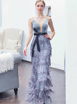 Glittering In Stock:Ship in 48 Hours Mermaid Silver Gray Tassel Sequins Prom Dress