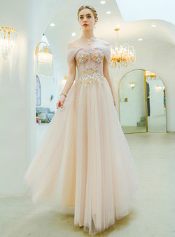 Modern In Stock:Ship in 48 Hours Pink Tulle Off the Shoulder Appliques Beading Prom Dress