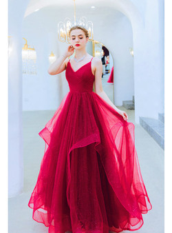 In Stock:Ship in 48 Hours Burgundy Tulle Spaghetti Straps Pleats Sleeveless Prom Dress