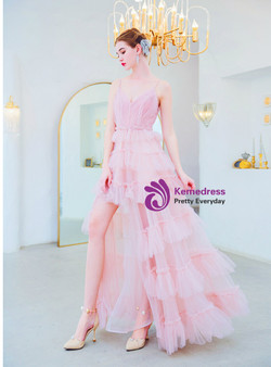 In Stock:Ship in 48 Hours Pink Tulle Spaghetti Straps Prom Dress With Split