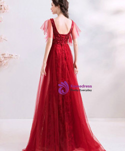 Elegant In Stock:Ship in 48 Hours Dark Red Mermaid Lace Tulle V-neck Prom Dress