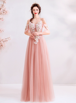 Romantic In Stock:Ship in 48 Hours Pink Tulle Appliques Spagehtti Straps Prom Dress Romantic In Stock:Ship in 48 Hours Pink Tulle Appliques Spagehtti Straps Prom Dress