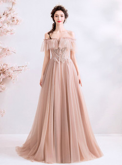 Luxurious In Stock:Ship in 48 Hours Pink Tulle Off the Shoulder Appliques Beading Formal Prom Dress