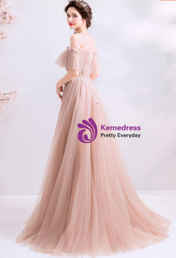 Luxurious In Stock:Ship in 48 Hours Pink Tulle Off the Shoulder Appliques Beading Formal Prom Dress